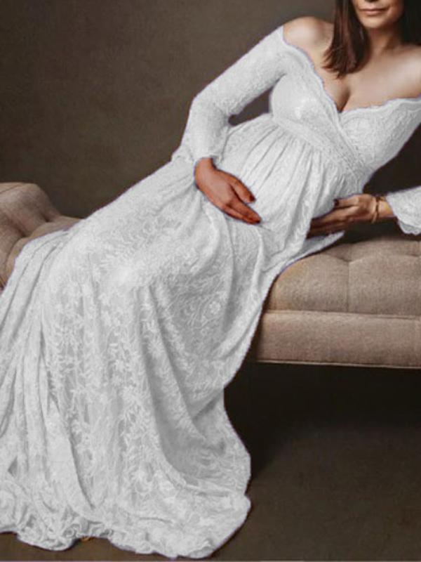 Seindeal Off Shoulder Mermaid Long Sleeve Lace Maternity Dress for Photoshoot