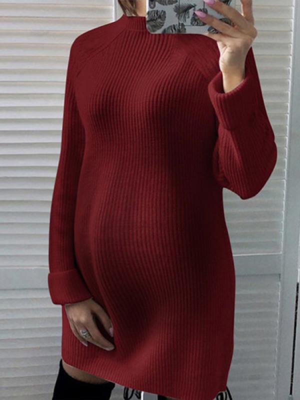 Solid Crochet Round Neck Long Sleeve Maternity Mini Dress
