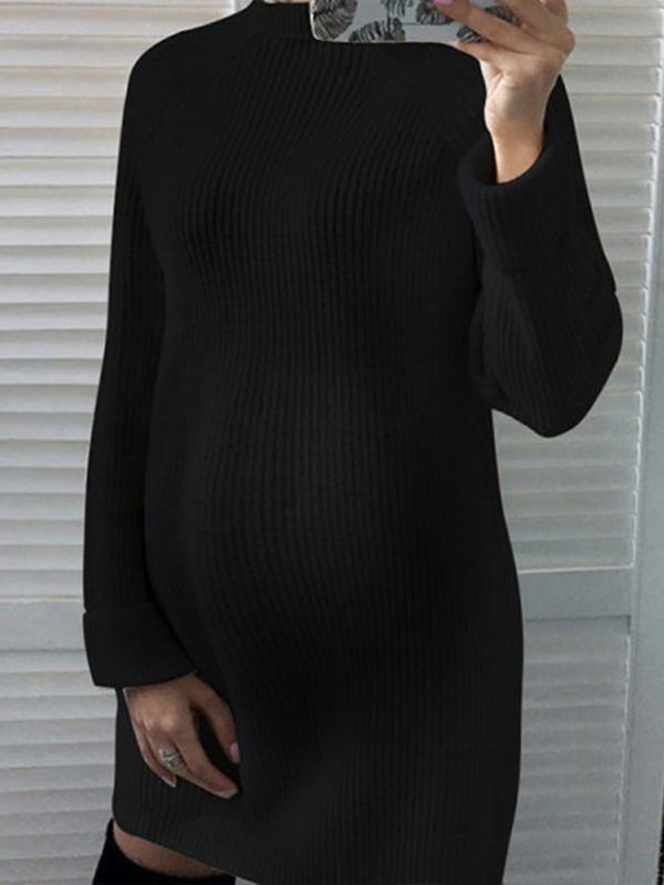 Solid Crochet Round Neck Long Sleeve Maternity Mini Dress