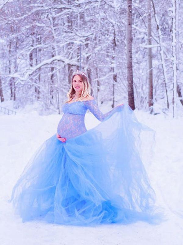 Off Shoulder Bodyocn Long Sleeve Tulle Tutu Babyshower Maternity Maxi Dress