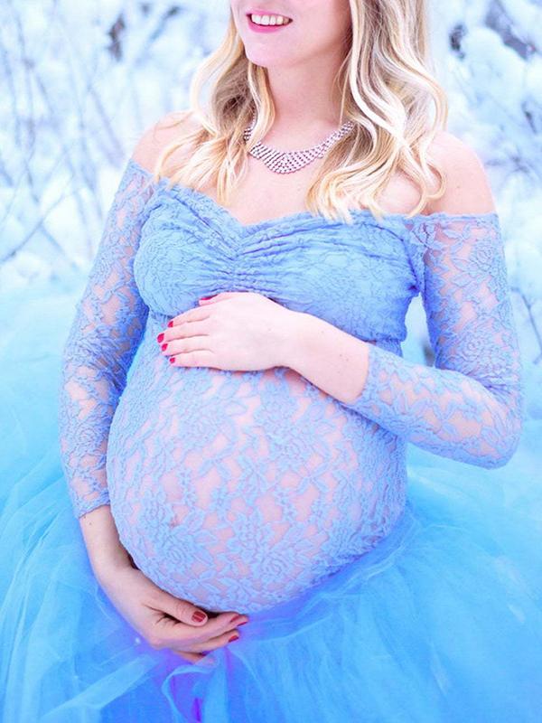 Off Shoulder Bodyocn Long Sleeve Tulle Tutu Babyshower Maternity Maxi Dress