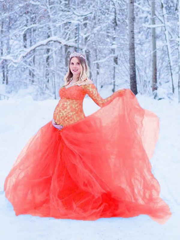 Off Shoulder Bodyocn Long Sleeve Tulle Tutu Babyshower Maternity Maxi Dress