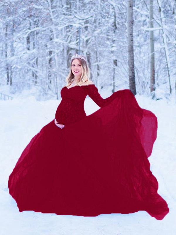 Off Shoulder Bodyocn Long Sleeve Tulle Tutu Babyshower Maternity Maxi Dress
