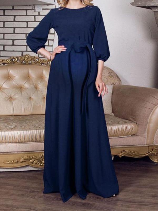 Solid Color Belt Long Sleeve Babyshower Maternity Elegant Maxi Dress