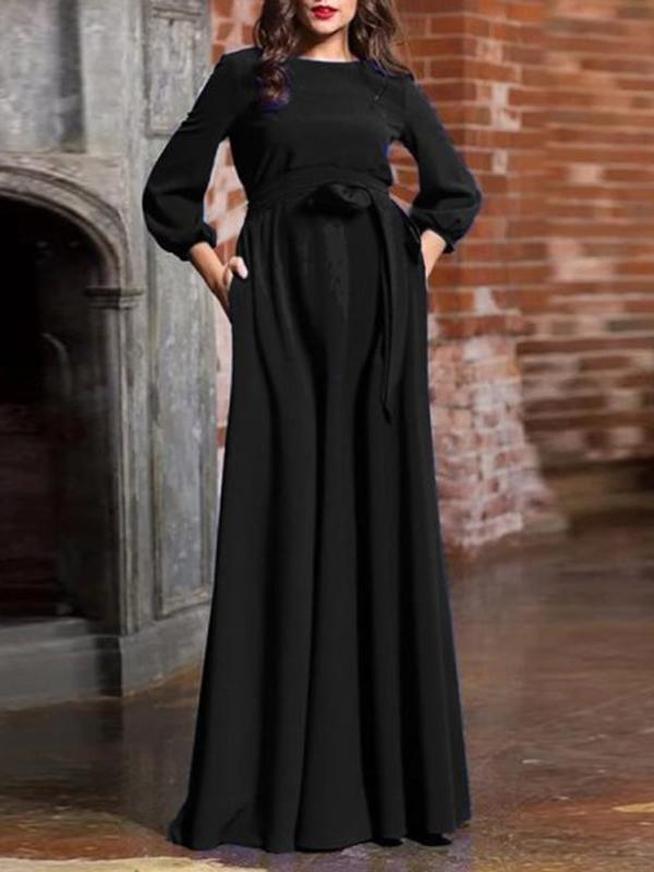 Solid Color Belt Long Sleeve Babyshower Maternity Elegant Maxi Dress