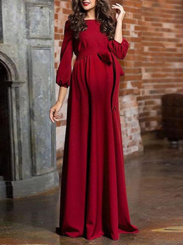 Solid Color Belt Long Sleeve Babyshower Maternity Elegant Maxi Dress