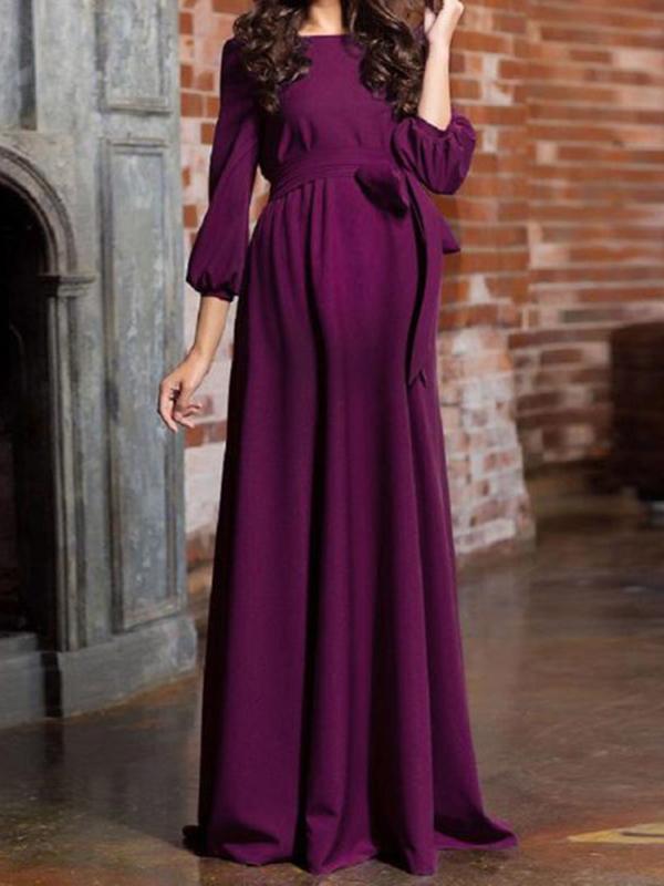 Solid Color Belt Long Sleeve Babyshower Maternity Elegant Maxi Dress