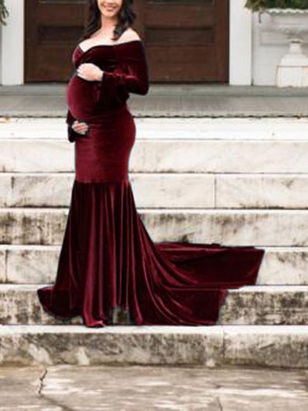 Velvet Off Shoulder Bodycon Mermaid Babyshower Maternity Maxi Dress