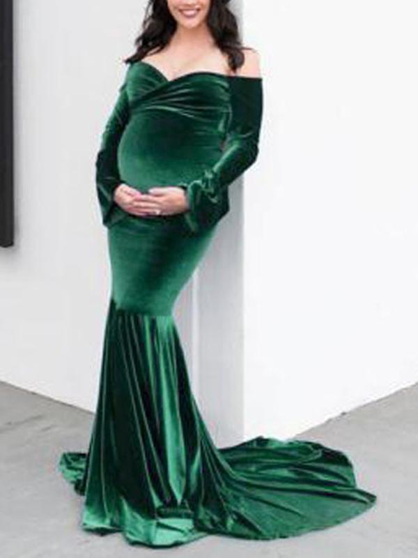 Velvet Off Shoulder Bodycon Mermaid Babyshower Maternity Maxi Dress