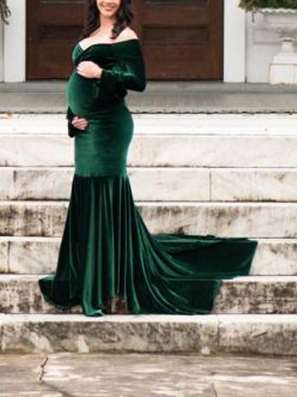Velvet Off Shoulder Bodycon Mermaid Babyshower Maternity Maxi Dress
