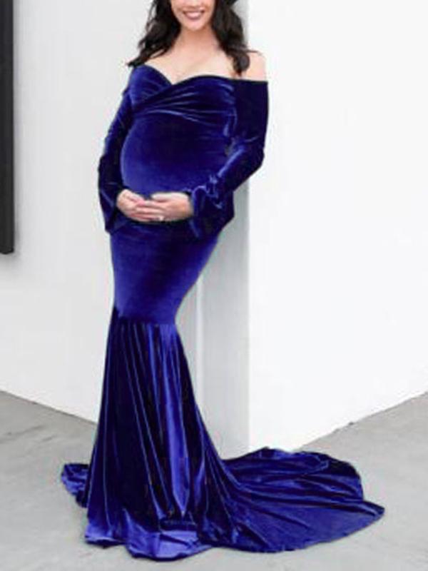 Velvet Off Shoulder Bodycon Mermaid Babyshower Maternity Maxi Dress