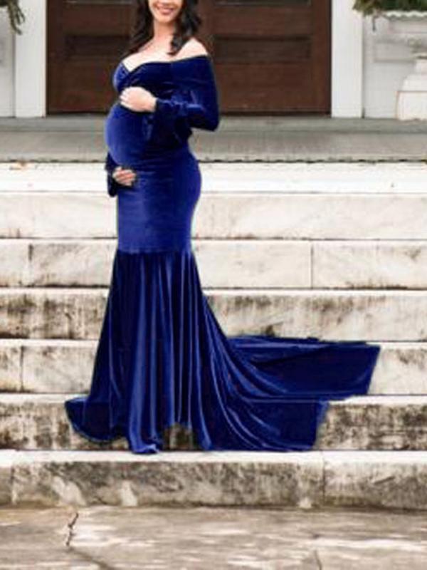 Velvet Off Shoulder Bodycon Mermaid Babyshower Maternity Maxi Dress