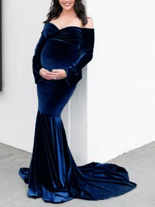 Velvet Off Shoulder Bodycon Mermaid Babyshower Maternity Maxi Dress