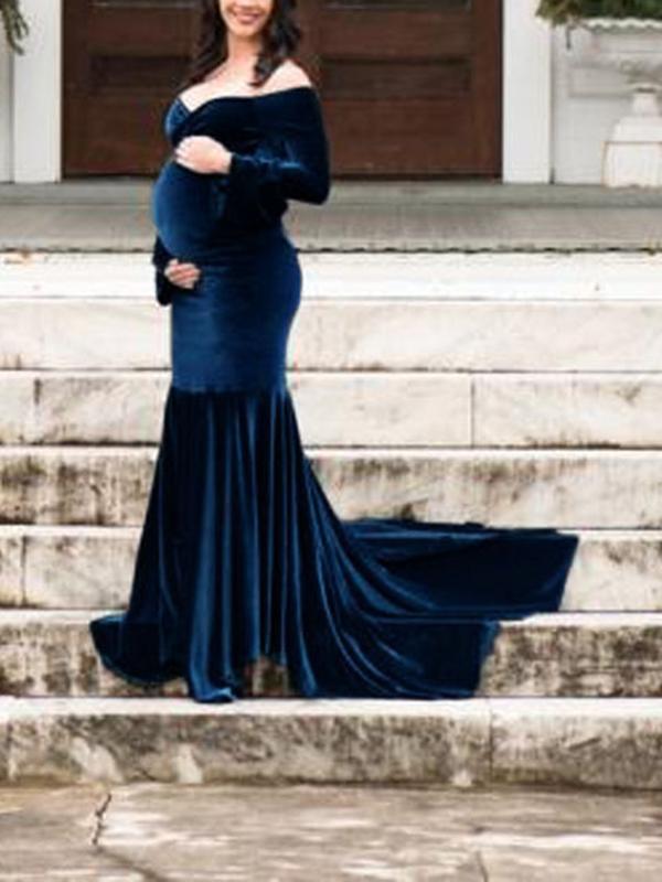 Velvet Off Shoulder Bodycon Mermaid Babyshower Maternity Maxi Dress