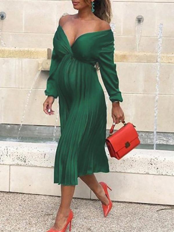 Solid V-neck Long Sleeve Elegant Maternity Banquet Midi Dress