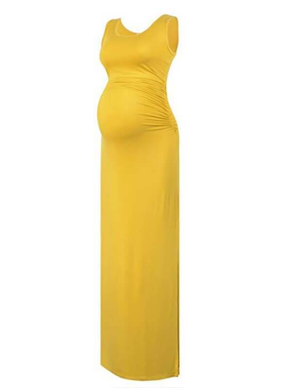 Solid Fitted Round Neck Sleeveless Maternity Maxi Dress