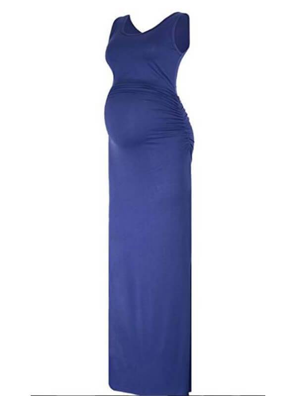 Solid Fitted Round Neck Sleeveless Maternity Maxi Dress