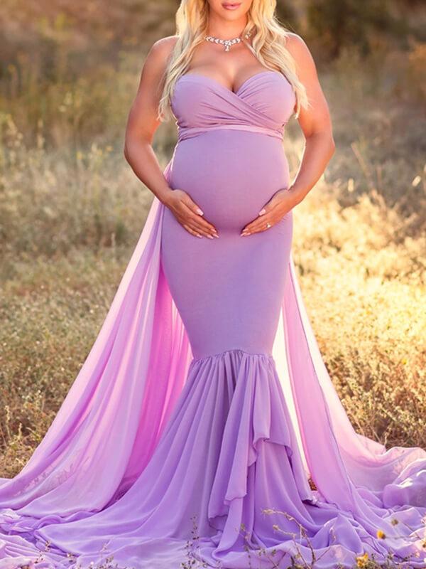 Seindeal Maxi Mermaid Maternity Dress for Photoshoot Long Solid Off Shoulder Fitted V-neck