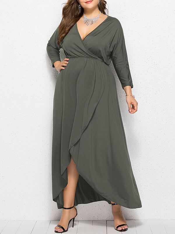 Seindeal Solid Slit V-neck Long Sleeve High-low Plus Size Midi Dress