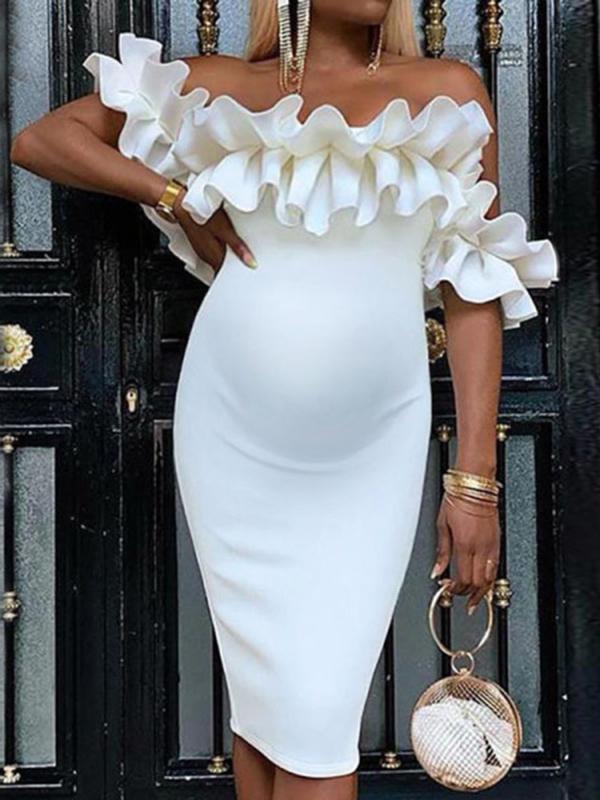 Seindeal Ruffle Off Shoulder Short Sleeve Party Midi Maternity Bodycon Dress