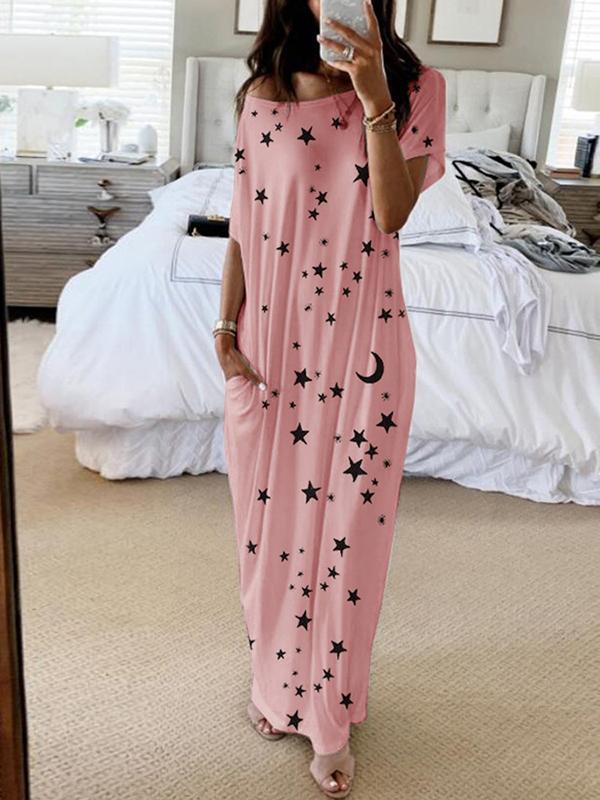 Seindeal Star Print Collarless Round Neck Short Sleeve Maternity Maxi Dress