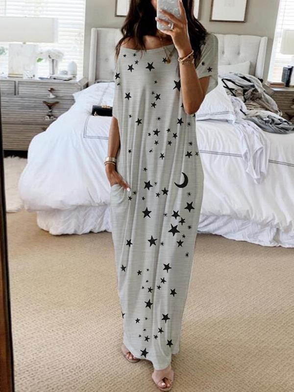Seindeal Star Print Collarless Round Neck Short Sleeve Maternity Maxi Dress