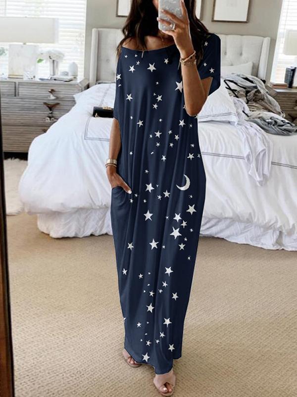 Seindeal Star Print Collarless Round Neck Short Sleeve Maternity Maxi Dress