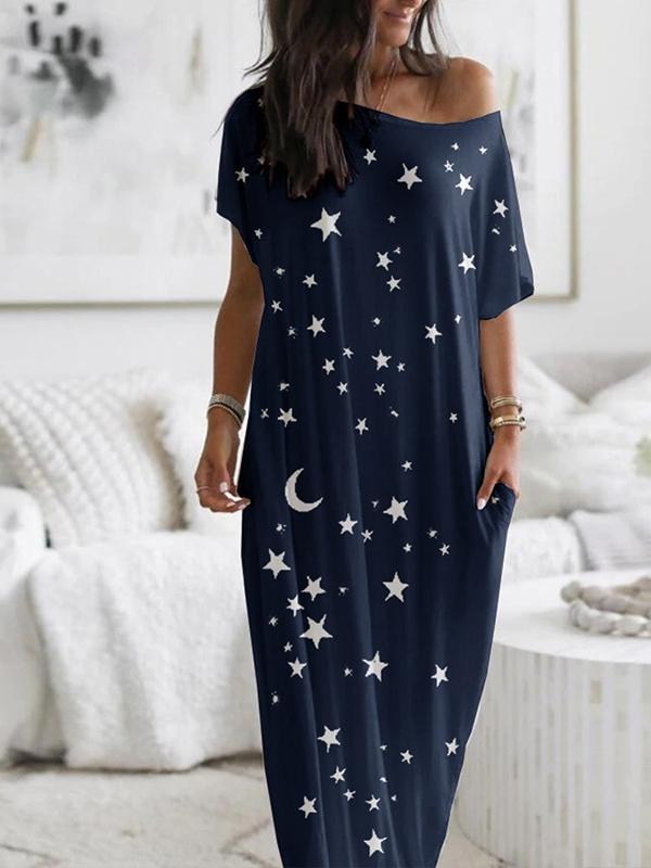 Seindeal Star Print Collarless Round Neck Short Sleeve Maternity Maxi Dress