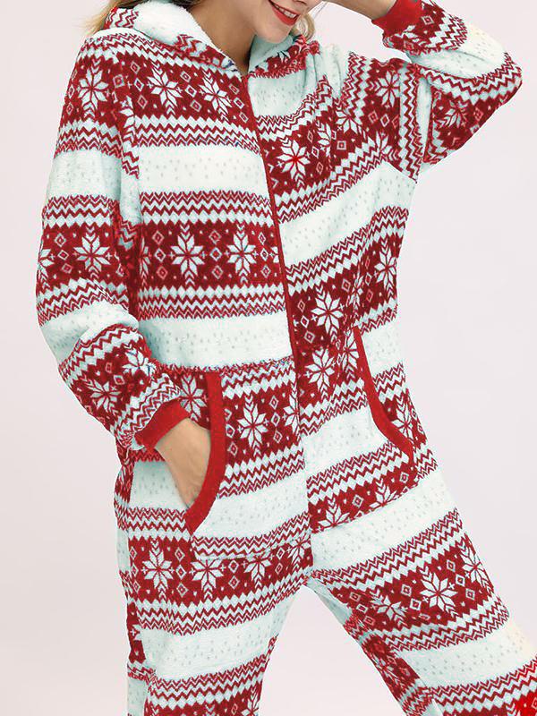 Christmas Flannel Snowflake Print Hooded Pajama Maternity Jumpsuit