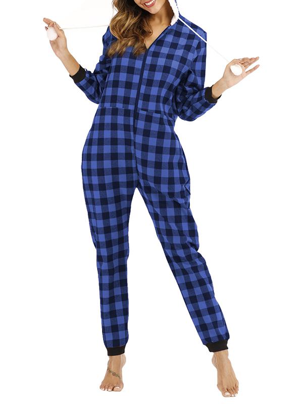 Buffalo Plaid Pockets Zipper Hoodie Long Sleeve Maternity Pajama Set