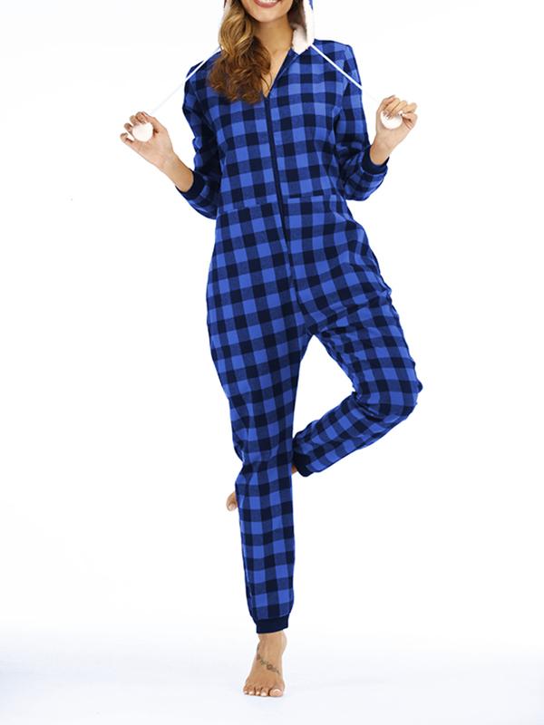 Buffalo Plaid Pockets Zipper Hoodie Long Sleeve Maternity Pajama Set