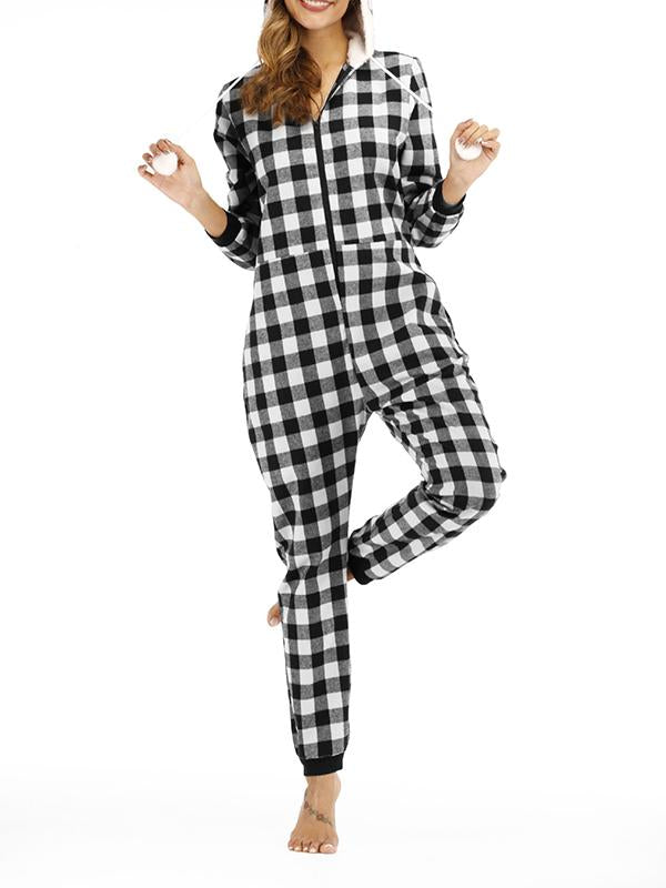 Buffalo Plaid Pockets Zipper Hoodie Long Sleeve Maternity Pajama Set