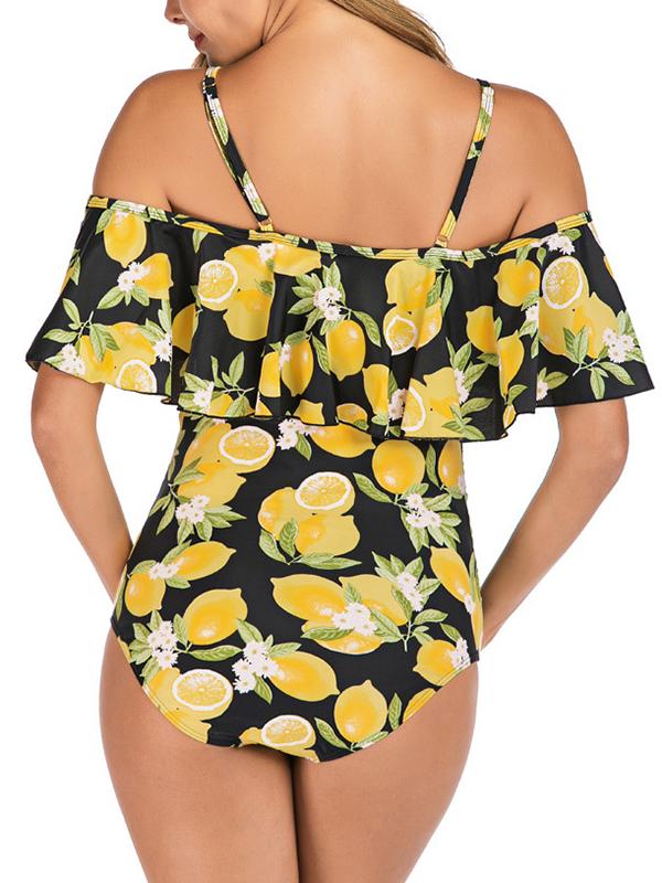 Seindeal Lemon print Ruffle Spaghetti Strap One Piece Maternity Swimwear Beach