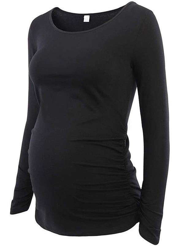 Momnfangcy Solid Color Round Neck Long Sleeve Maternity T-shirt