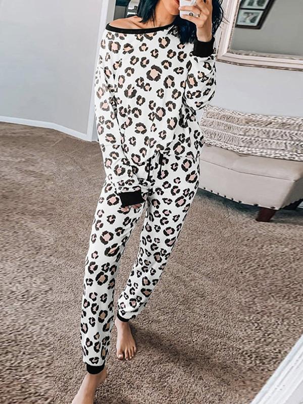 Leopard Off Shoulder Two Piece Long Sleeve Maternity Casual Pajama Set