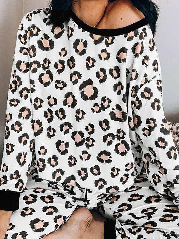 Leopard Off Shoulder Two Piece Long Sleeve Maternity Casual Pajama Set