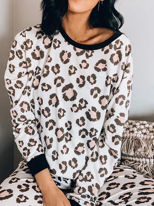 Leopard Off Shoulder Two Piece Long Sleeve Maternity Casual Pajama Set