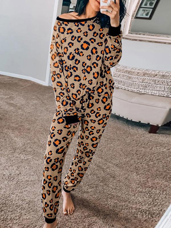 Leopard Off Shoulder Two Piece Long Sleeve Maternity Casual Pajama Set