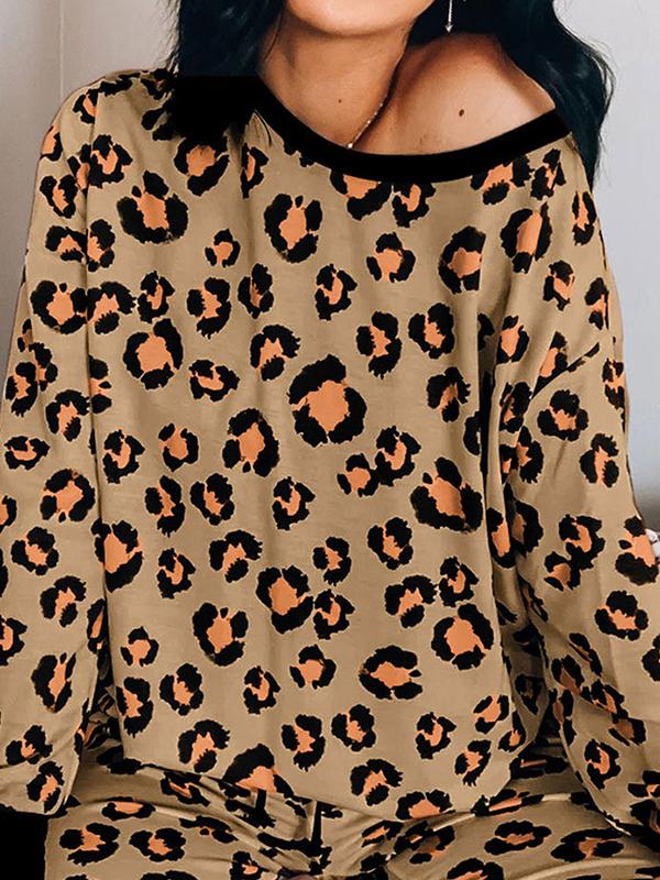 Leopard Off Shoulder Two Piece Long Sleeve Maternity Casual Pajama Set