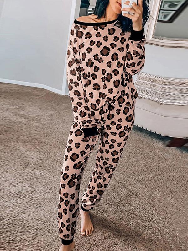Leopard Off Shoulder Two Piece Long Sleeve Maternity Casual Pajama Set