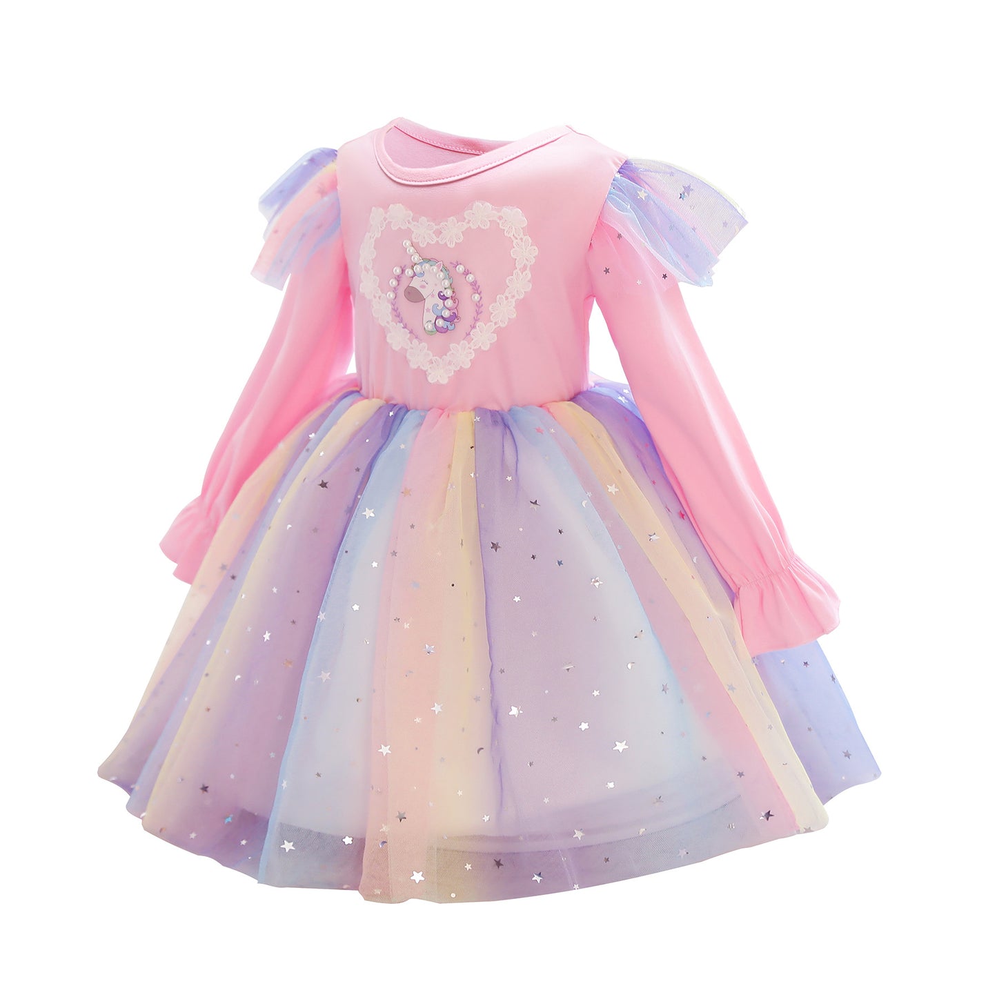 Seindeal Unicorn Kids Dress Rainbow Tulle Princess Long Sleeve Pear Beaded for Birthday Party Casual Outfits Clothing 2-10 Years