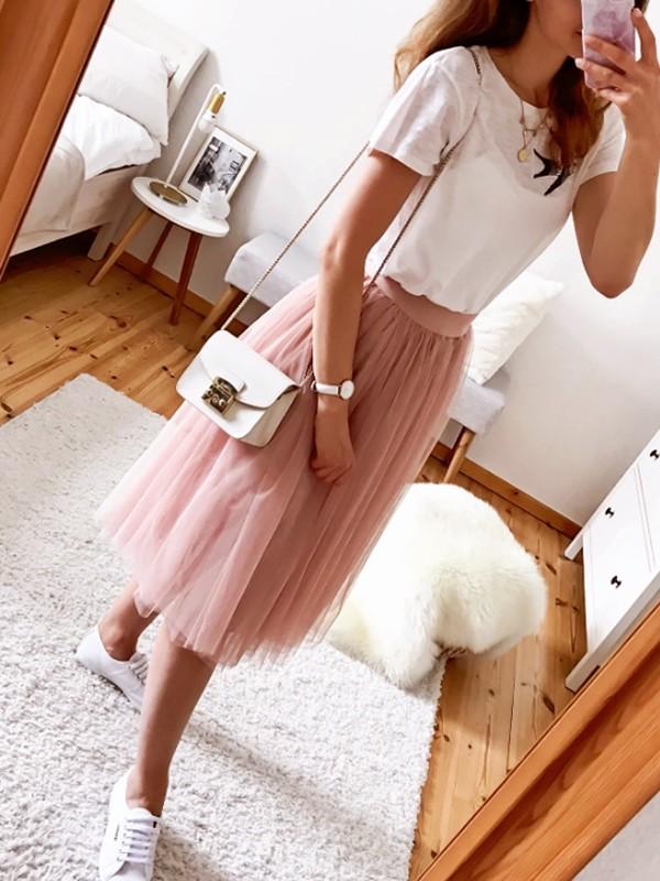 Seindeal Solid Color Mesh Graduated Long Elastic Waist Midi Skirt Women Fashion Tulle Skirt