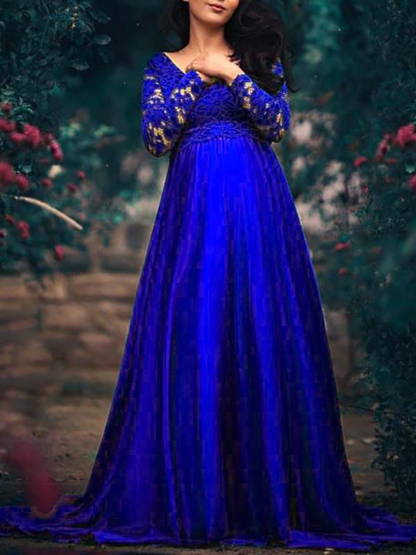 Lace Irregular Long Sleeve Baby Shower Photoshoot Maternity Maxi Dress