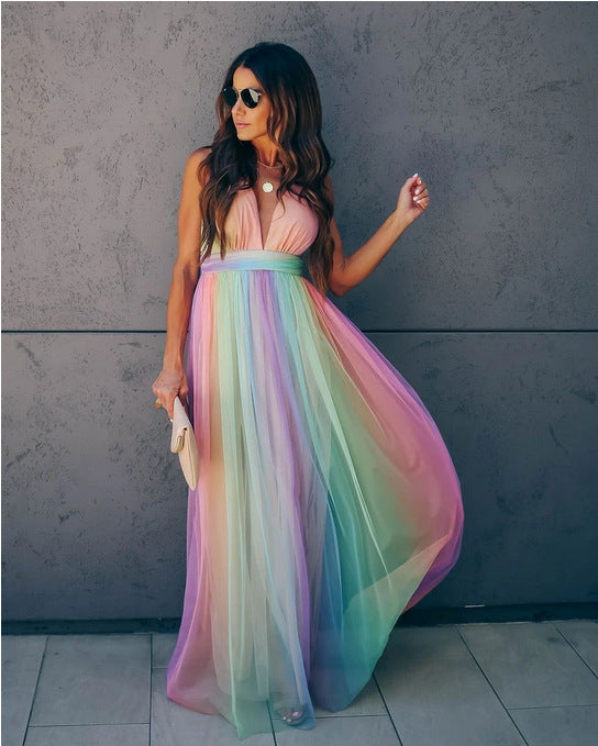 Seindeal Rainbow Off Shoulder Grenadine Maxi Glamorous Maternity Gender Reveal Dress UK