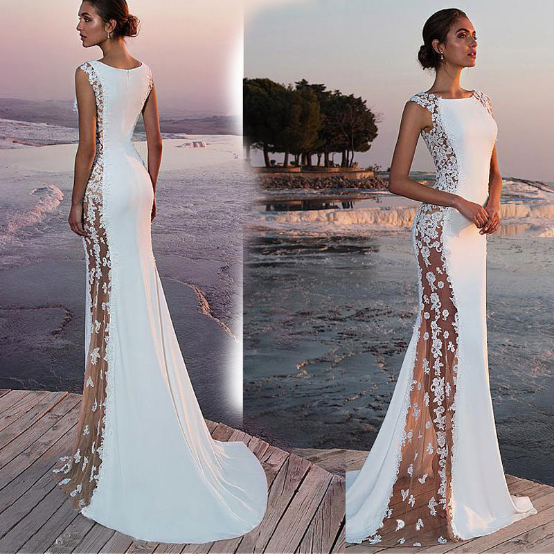 Lace Flowers Round Neck Sleeveless Bodycon Grenadine Maternity Maxi Dress