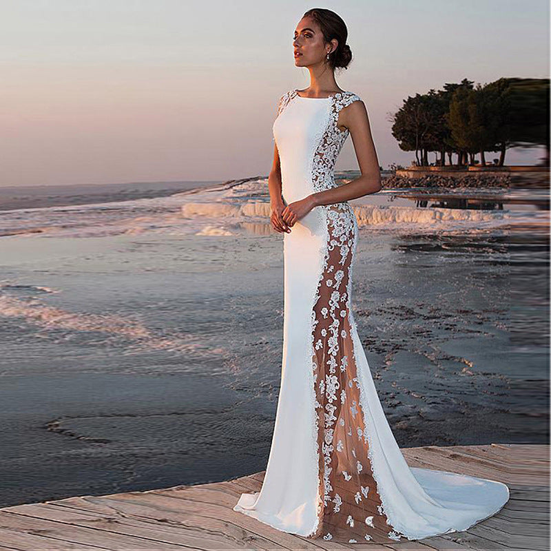 Lace Flowers Round Neck Sleeveless Bodycon Grenadine Maternity Maxi Dress