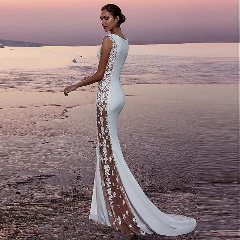 Lace Flowers Round Neck Sleeveless Bodycon Grenadine Maternity Maxi Dress