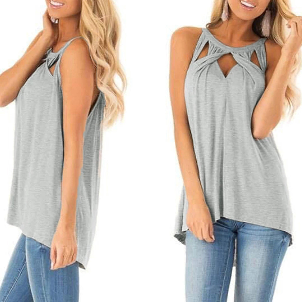 Cut Out Round Neck Sleeveless Irregular Collar Sweet Maternity Tshirt