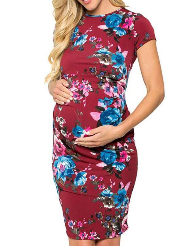 Floral Print Maternity For Babyshower Round Neck Short Sleeve Honey Girl Mini Dress