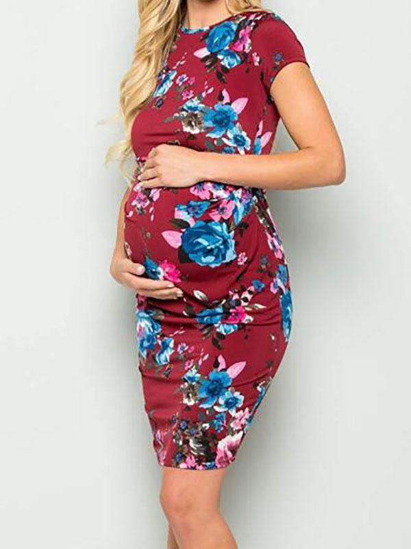Floral Print Maternity For Babyshower Round Neck Short Sleeve Honey Girl Mini Dress